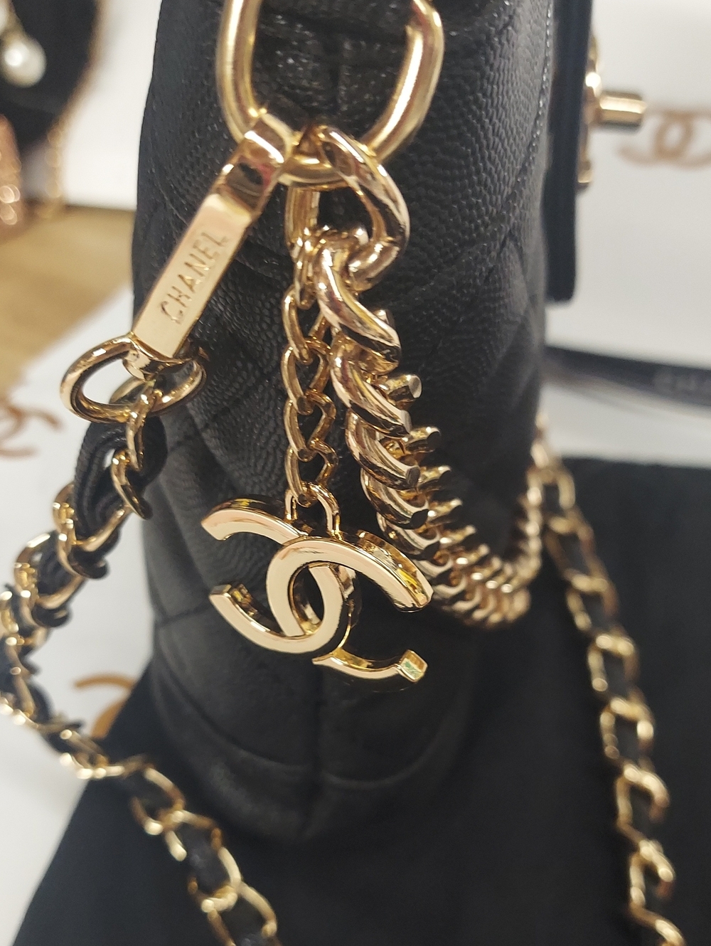 Black Quilted Caviar Leather Branded Crossbody with Gold CC Hardware - Picture 7 of 7